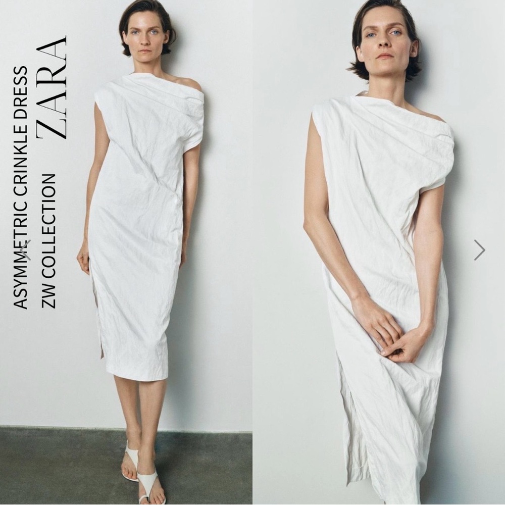 ZARA ZW Collection Asymmetric Crinkle Dress, White, XS
